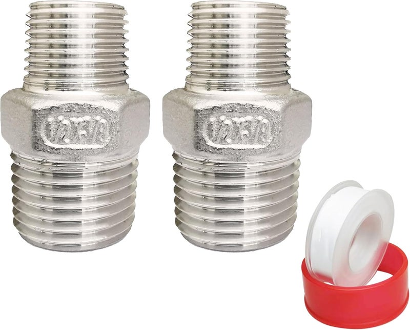 POTONZ 1/2" Male x 3/8" Male NPT Threaded Reducing Hex Nipple ，304 Stainless Steel Reducing Pipe Fitting Nipple Adapter With Teflon Plumbers Tape (Pack of 2) - Image 1